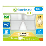 Packaging for the E-Luminate 8.5W Non-Dimmable LED GLS Bulb - Warm White, B22, 2700K (2 Pack) includes two energy-efficient bulbs. Specifications include: 806 lumens, consuming only 8.5 watts while providing the equivalent of a 60-watt bulb; non-dimmable with a warm white tone at 2700K; and designed to last up to 15 years. Priced at Â£3.49, these bulbs offer an impressive 85% energy saving, promoting a more sustainable home environment.