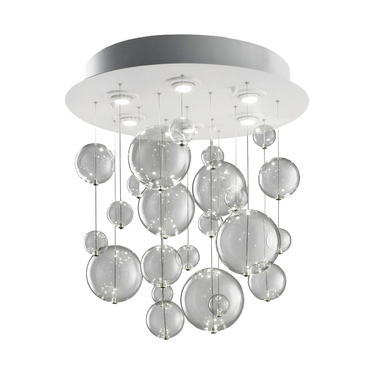 Bolero 6 Light Round Drop Glass Bubble Chandelier, 70cm, with 25 clear glass globes in varying sizes suspended from a white round ceiling plate, shown on a plain white background.