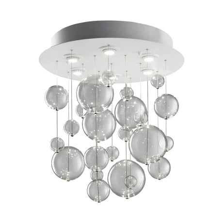 Bolero 6 Light Round Drop Glass Bubble Chandelier, 70cm, with 25 clear glass globes in varying sizes suspended from a white round ceiling plate, shown on a plain white background.
