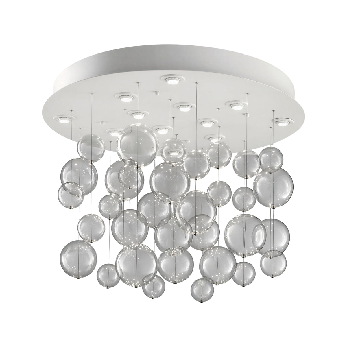 Bolero 12 Light Drop Glass Bubble Chandelier with a round white ceiling plate and clusters of clear glass globes in varying sizes, shown on a plain white background.