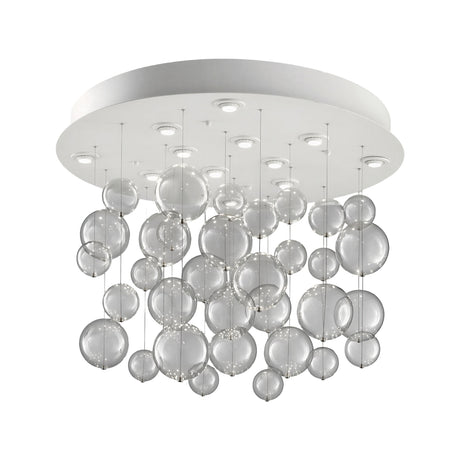 Bolero 12 Light Drop Glass Bubble Chandelier with a round white ceiling plate and clusters of clear glass globes in varying sizes, shown on a plain white background.