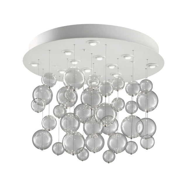 Bolero 12 Light Drop Glass Bubble Chandelier with a round white ceiling plate and clusters of clear glass globes in varying sizes, shown on a plain white background.