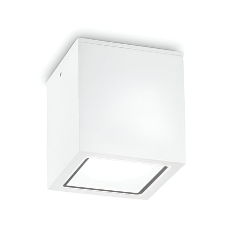 Introducing the Helixis Outdoor Small Downlight - White, a sleek and modern cube-shaped ceiling light fixture. Designed with a minimalist aesthetic, it is perfect for both indoor and outdoor settings. Featuring an IP54 rating and a frosted glass panel to evenly diffuse light, this versatile downlight seamlessly complements any contemporary interior or modern exterior.