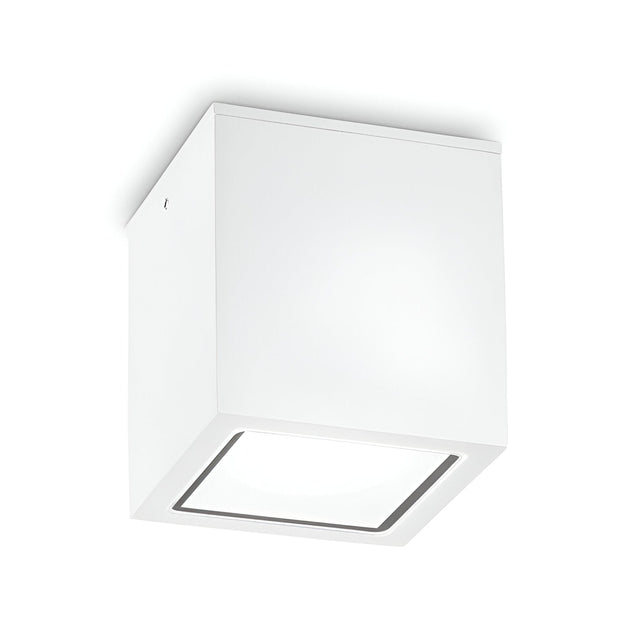 The Helixis Outdoor Large Downlight in white features a modern, square design with clean lines, a frosted glass diffuser, and is crafted from powder-coated die-cast aluminium for flush mounting.