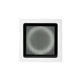 The Helixis Outdoor Small Downlight - White features a circular design, slightly blurred, set within a white square frame with a smaller black square at its center. Its plain white background heightens the modern exterior allure and indicates an IP54 rating level of durability.
