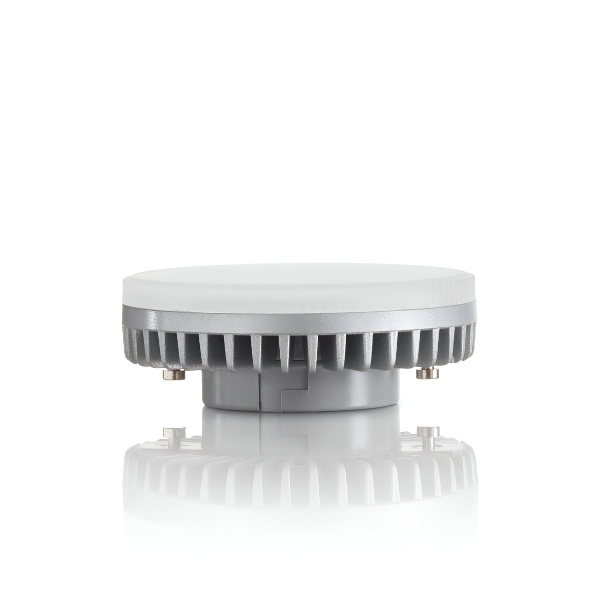 A GX53 LED bulb with a circular design and grey ribbed heat sink, viewed from the side against a plain white background. The dimmable top surface is smooth and slightly reflective.