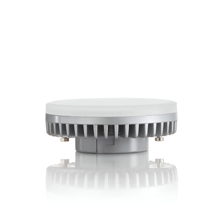 A GX53 LED bulb with a circular design and grey ribbed heat sink, viewed from the side against a plain white background. The dimmable top surface is smooth and slightly reflective.