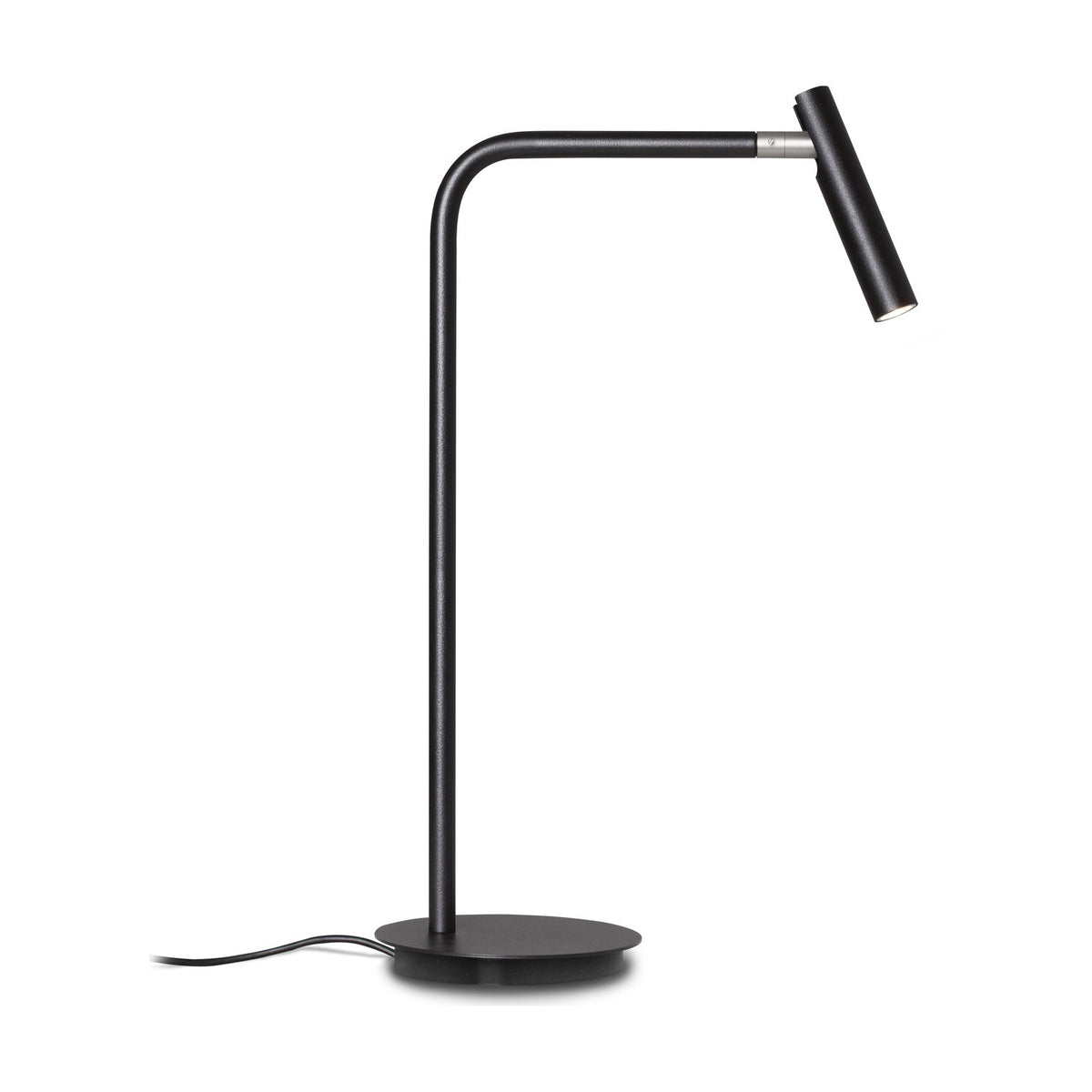 MiniSpot LED Table Lamp in black iron with round disc base, upright stem bending into a horizontal arm, and small cylindrical spot head, shown on a plain white background.