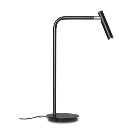 MiniSpot LED Table Lamp in black iron with round disc base, upright stem bending into a horizontal arm, and small cylindrical spot head, shown on a plain white background.