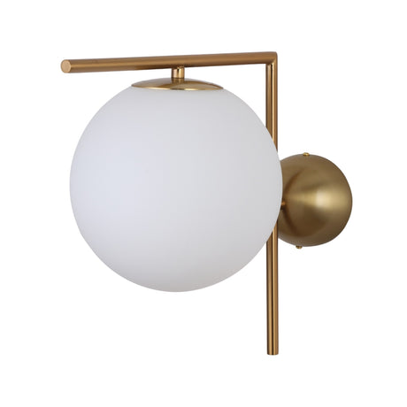 The Vetra 1 Light Opal Glass Wall/Semi-Flush Ceiling Light in Gold features a round frosted opal glass globe and sleek metal fixture with vertical and horizontal bars for a contemporary look.