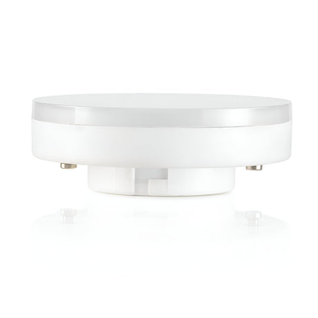 A white round LED ceiling light with a sleek, flat surface and a subtly elevated center. This energy-efficient design is ideal for contemporary spaces. Its simple white backdrop enhances the cool 4000K illumination of the 7W GX53 Non-Dimmable LED Bulb, which emits 610lm, making it both practical and stylish.