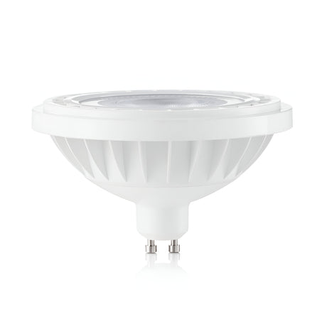 A 12W GU10 non-dimmable LED bulb, featuring a white finish and two metal connector pins, showcases a circular, ribbed design and emits 4000K neutral white light against a plain white background.