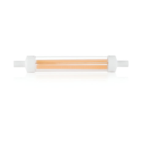 A sleek cylindrical glass light bulb features white caps at each end and a glowing filament, highlighted against a plain white background. This 13W R7s dimmable COB LED bulb emits a neutral 4000K white light, making it ideal for various settings.