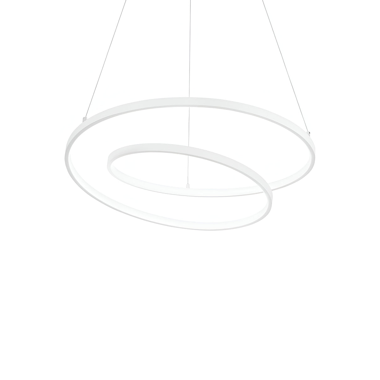 The Glistis LED Suspension Light 3000K, 48W - White, featuring two elegantly intertwined circular rings suspended by thin wires from the ceiling, emits a soft glow. This fixture showcases energy-efficient LED technology to create a modern and minimalist appearance against a white background.