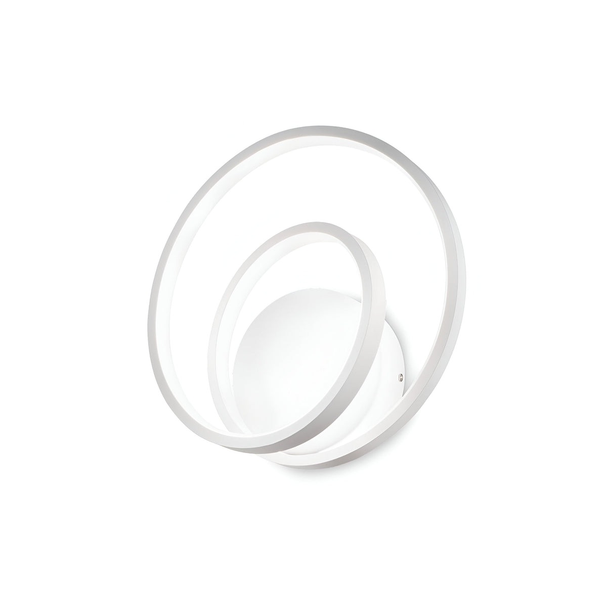 The Glistis LED Wall Light 3000K, 28W - White is a modern fixture that showcases two overlapping concentric circular rings of different sizes around a central powder-coated metal base. It embodies minimalist design with a sleek white finish and features an opal rubber diffuser for creating gentle illumination against any plain backdrop.