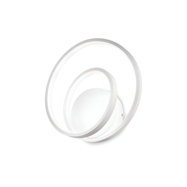 The Glistis LED Wall Light 3000K, 28W - White is a modern fixture that showcases two overlapping concentric circular rings of different sizes around a central powder-coated metal base. It embodies minimalist design with a sleek white finish and features an opal rubber diffuser for creating gentle illumination against any plain backdrop.