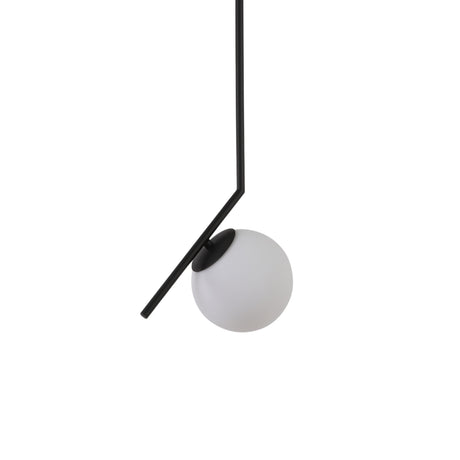 Niori Vetra small pendant light with a 20cm opal glass globe on an angled matt black metal arm, shown on a plain white background.