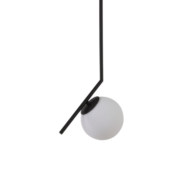 Niori Vetra small pendant light with a 20cm opal glass globe on an angled matt black metal arm, shown on a plain white background.