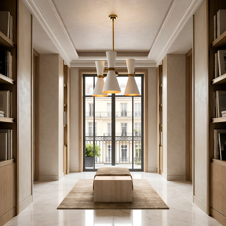 A modern hallway with marble floors, built-in wooden shelves, a large window with city views, a beige bench on a rug, and the Ramses 3 Light Chandelier - White overhead.
