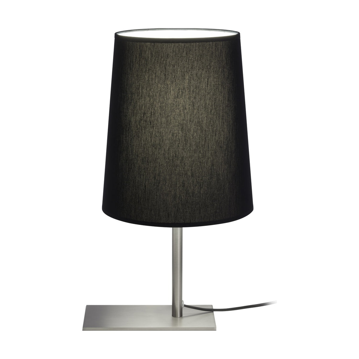 Selmarne Fabric Table Lamp with a tall, tapered black cotton shade on a slim satin nickel stem and flat rectangular base, shown on a plain white background.