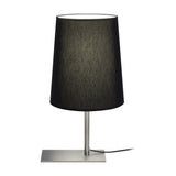 Selmarne Fabric Table Lamp with a tall, tapered black cotton shade on a slim satin nickel stem and flat rectangular base, shown on a plain white background.