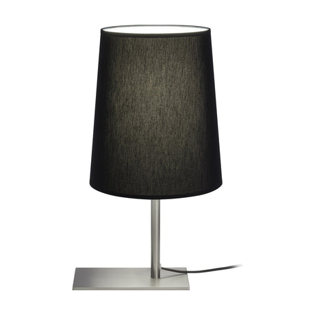 Selmarne Fabric Table Lamp with a tall, tapered black cotton shade on a slim satin nickel stem and flat rectangular base, shown on a plain white background.