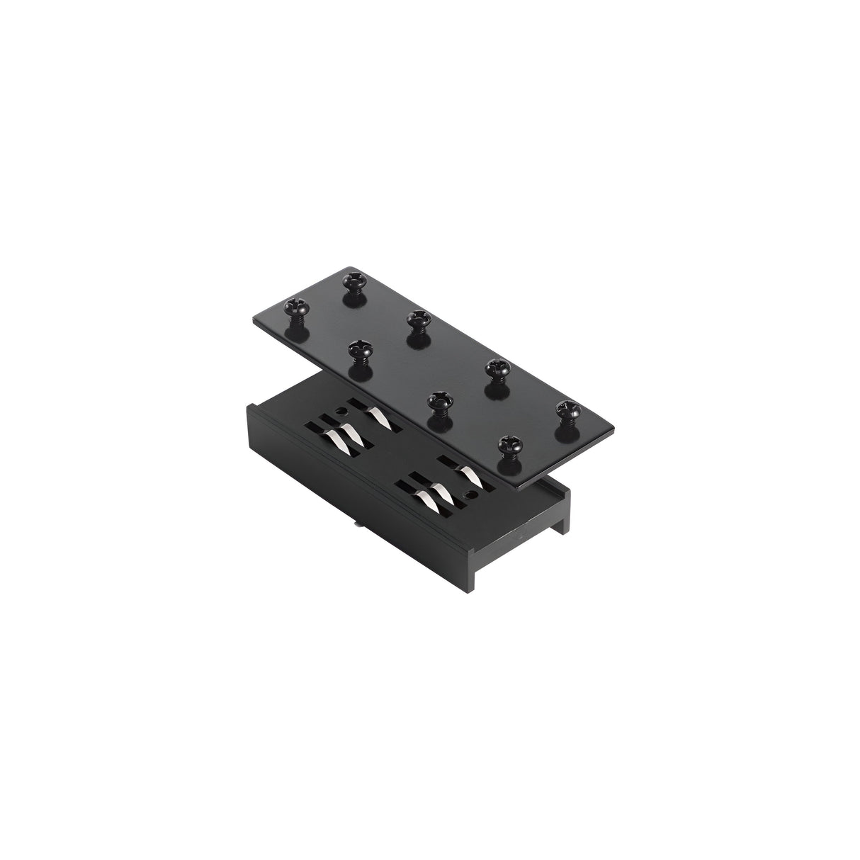 The Prismatic Linear Track Connector - Black displays a sleek, minimalist design with its black rectangular box and detachable lid featuring multiple cylindrical pegs, reminiscent of a modern track lighting connector. Inside, it reveals two parallel cylindrical components that continue the elegant black finish of the track connector style.