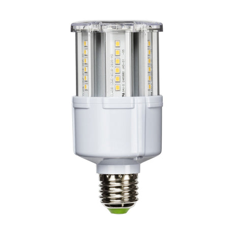 The 12W LED E27 Corn Lamp - 4000K is an energy-efficient option featuring a white LED light bulb with visible small LED chips encased in a cylindrical, transparent covering and a metal screw base. When standing upright, it highlights its high lumen output and intricate design components.