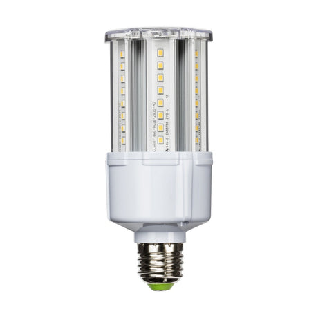 The 18W LED E27 Corn Lamp - 4000K features a cylindrical design with numerous small LED lights arranged vertically to ensure high lumen output. It is equipped with a standard screw base for easy installation in light fixtures. This energy-efficient lamp is primarily white, featuring a transparent top section.