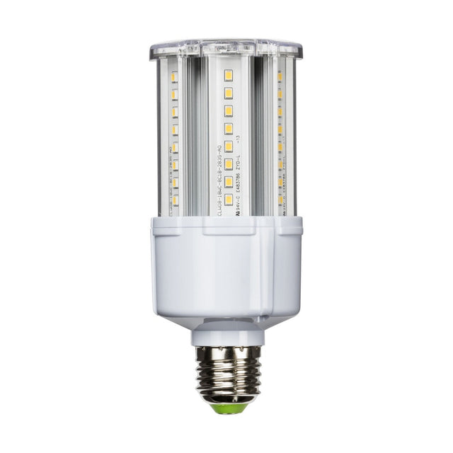 The 18W LED E27 Corn Lamp - 4000K features a cylindrical design with numerous small LED lights arranged vertically to ensure high lumen output. It is equipped with a standard screw base for easy installation in light fixtures. This energy-efficient lamp is primarily white, featuring a transparent top section.