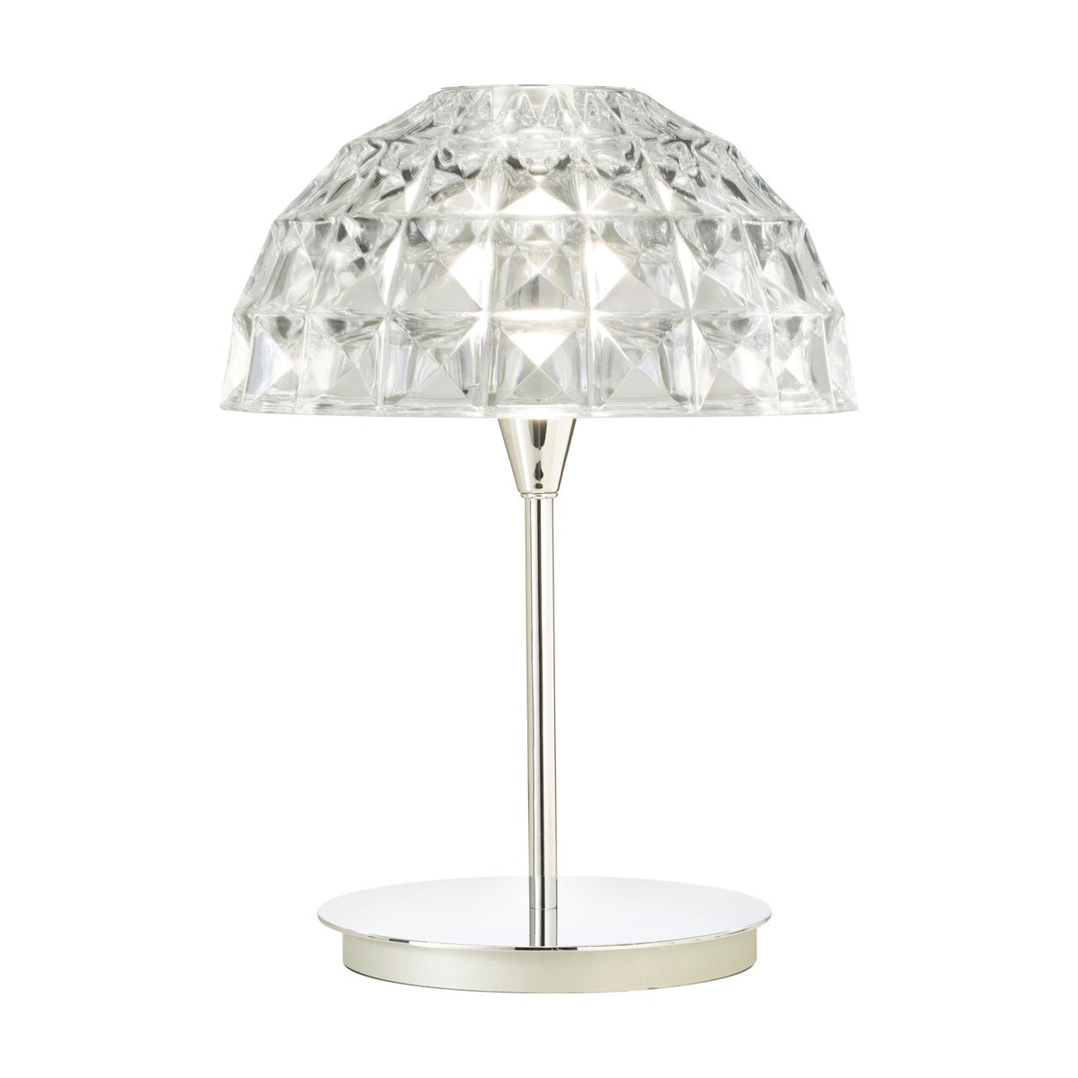 Deco Crystal Table Lamp in chrome, featuring a faceted crystal dome shade on a slim stem with round base, set against a plain white background.