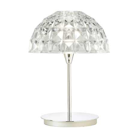 Deco Crystal Table Lamp in chrome, featuring a faceted crystal dome shade on a slim stem with round base, set against a plain white background.