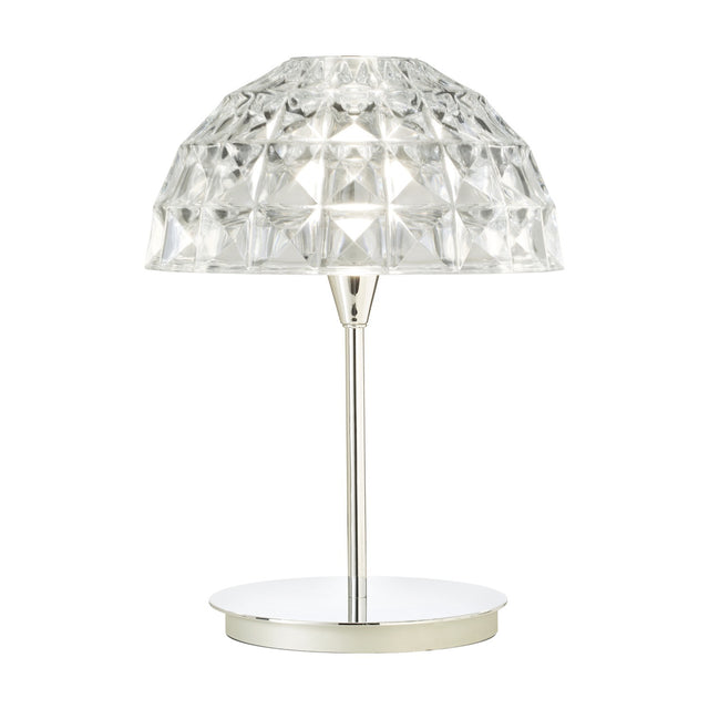 Deco Crystal Table Lamp in chrome, featuring a faceted crystal dome shade on a slim stem with round base, set against a plain white background.