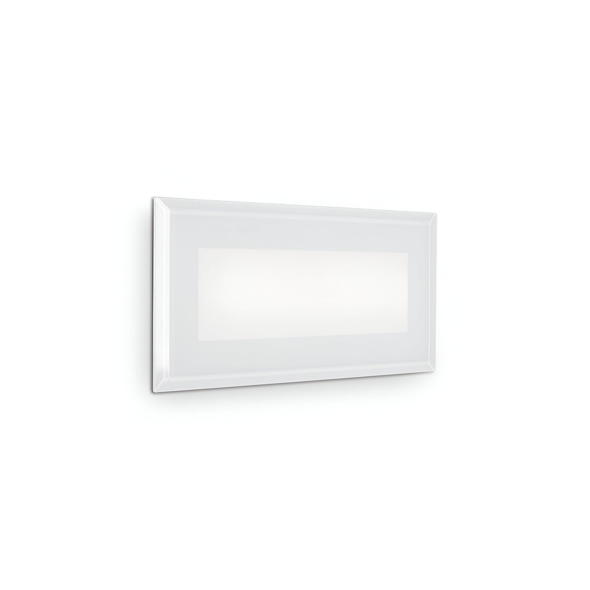 A minimalist white rectangular wall light, centered on a plain background, mirrors the sleek design of a powder-coated die-cast aluminium finish.