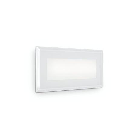 A minimalist white rectangular wall light, centered on a plain background, mirrors the sleek design of a powder-coated die-cast aluminium finish.