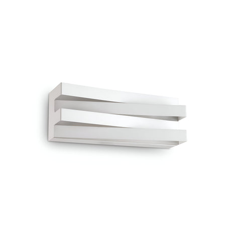 Introducing the Ember LED Wall Light 17W 4000K in White, a contemporary lighting option with a minimalist design. It boasts two horizontal, asymmetrical layers for a geometric appearance and is mounted on an understated white backdrop. This energy-efficient wall light emits 4000K white light, perfect for creating a sleek and modern ambiance.