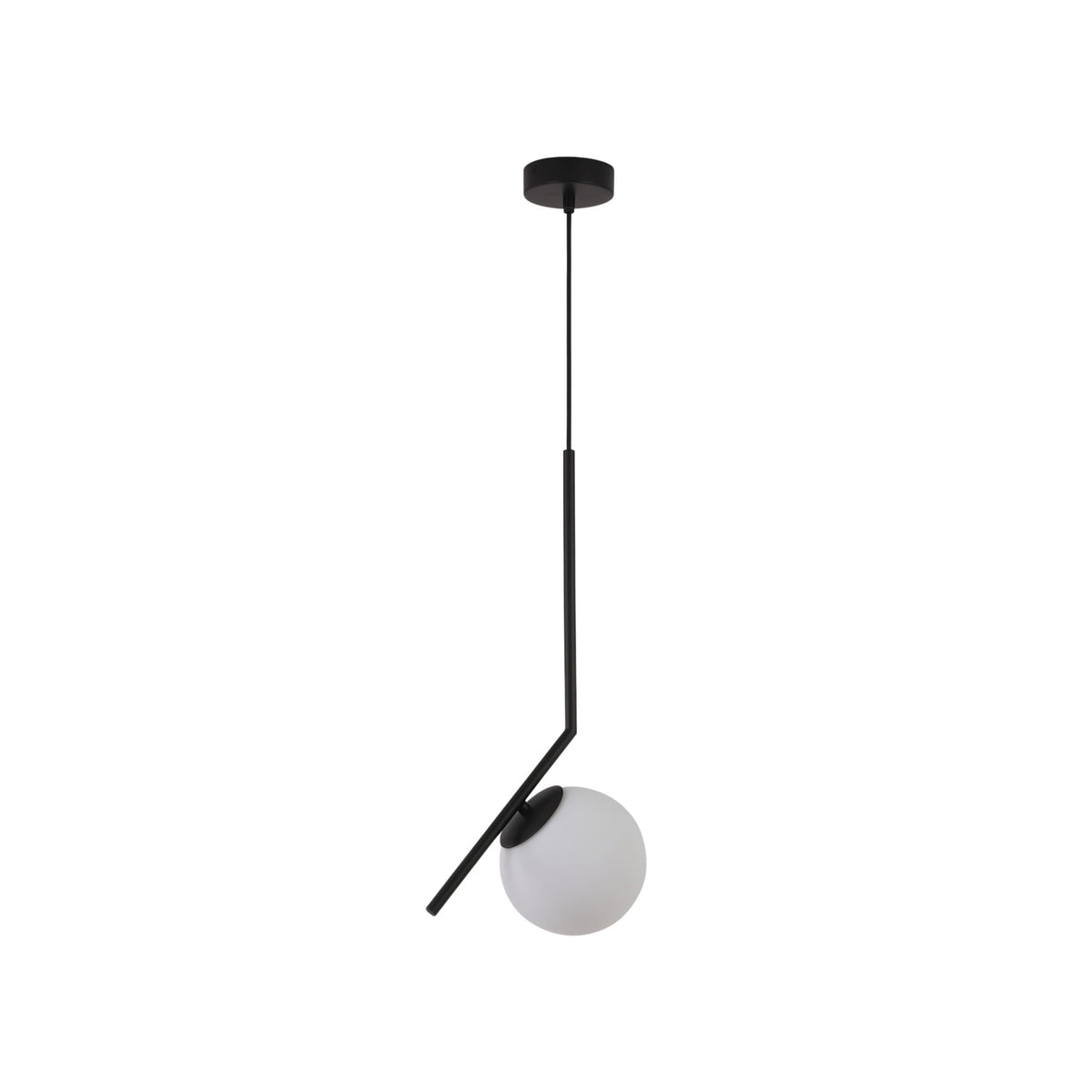 Niori Vetra small pendant light with a 20cm opal glass globe on an angled matt black metal arm and canopy, shown on a plain white background.