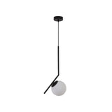 Niori Vetra small pendant light with a 20cm opal glass globe on an angled matt black metal arm and canopy, shown on a plain white background.