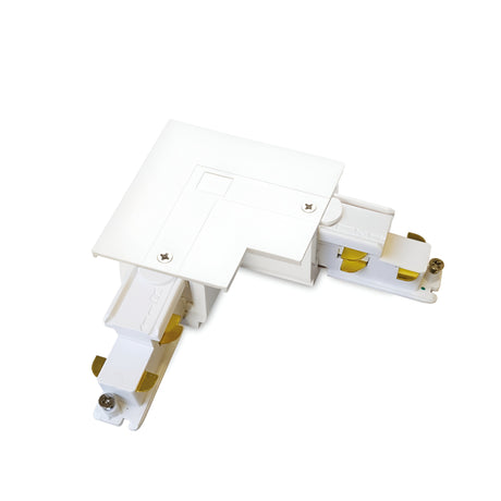 Introducing the Brillia 3-Phase L-Connector Track Left in white, designed for dimmable track lighting systems. This sleek connector includes screws and golden contacts, featuring multiple compartments for a streamlined design, set against a white background.