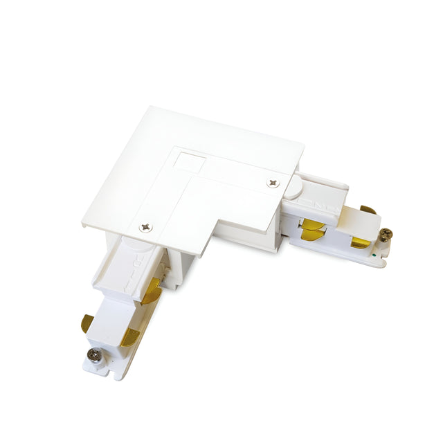 The Brillia 3-Phase L-Connector Track Right is a white L-shaped electrical track connector equipped with brass contacts and screws, making it ideal for connecting track lighting components. This dimmable connector, compatible with a 1-10V system, provides seamless integration with your lighting setup.