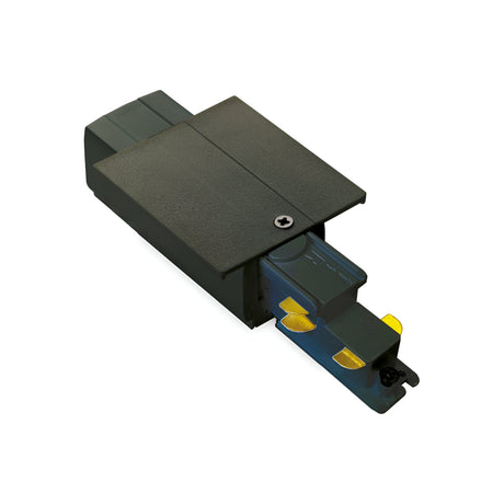 A Brillia 3-Phase Trim Track Power Input in black is shown extended on a white background, featuring gold-colored electrical contacts and a screw on top. Designed for track lighting systems, it offers dimmable functionality from 1-10V to suit various lighting needs.