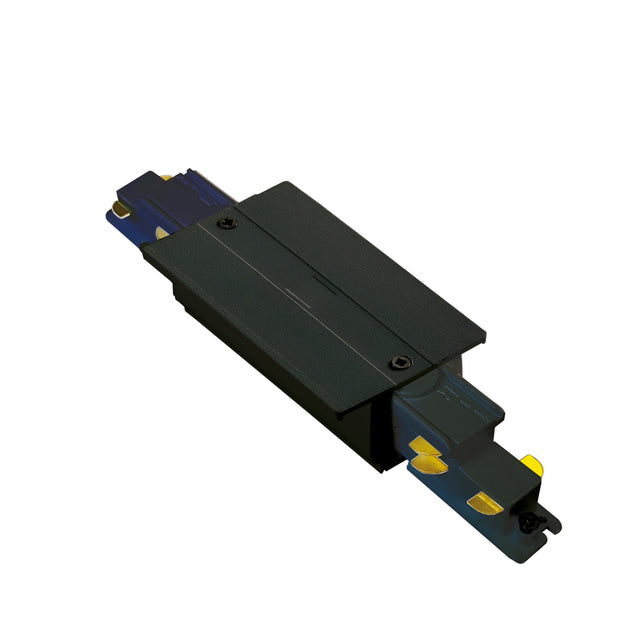A Brillia 3-Phase Trim Track Middle Power Input in black with dimmable functionality, shown isolated on a white background.