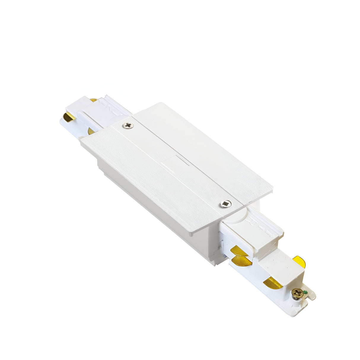 Introducing the Brillia 3-Phase Trim Track Middle Power Input in White, featuring gold-colored metal connectors and screws. Its rectangular design includes a protruding section on top, grooves, and a small latch mechanism on the side. With an IP20 rating, it ensures secure indoor use and supports dimmable 1-10V functionality for ultimate lighting control.