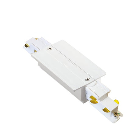 Introducing the Brillia 3-Phase Trim Track Middle Power Input in White, featuring gold-colored metal connectors and screws. Its rectangular design includes a protruding section on top, grooves, and a small latch mechanism on the side. With an IP20 rating, it ensures secure indoor use and supports dimmable 1-10V functionality for ultimate lighting control.