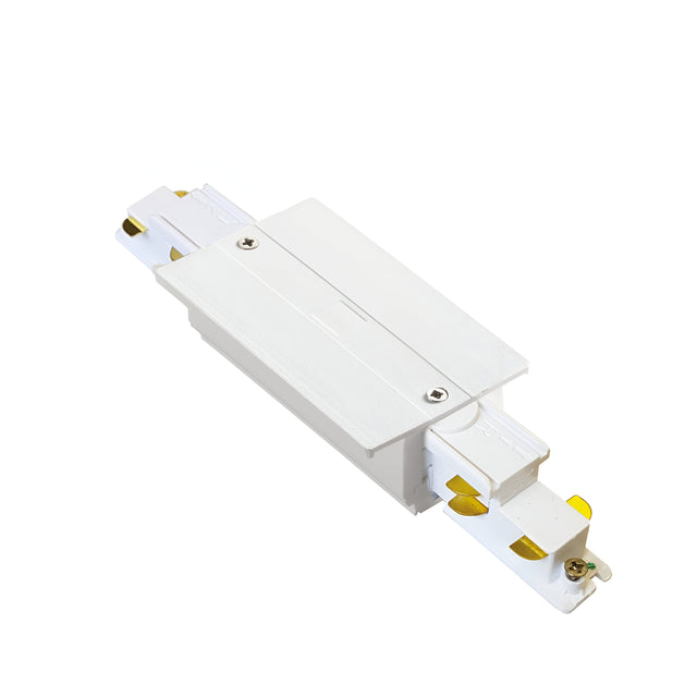 Introducing the Brillia 3-Phase Trim Track Middle Power Input in White, featuring gold-colored metal connectors and screws. Its rectangular design includes a protruding section on top, grooves, and a small latch mechanism on the side. With an IP20 rating, it ensures secure indoor use and supports dimmable 1-10V functionality for ultimate lighting control.