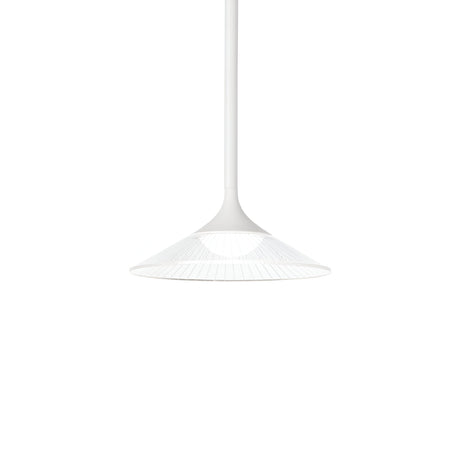 Introducing the Ray LED Light Pendant 5W 3000K in White, featuring a modern and minimalist design with a flared, conical shade. This Scandinavian-inspired lighting piece elegantly hangs from a white rod against a plain white background, embodying simplicity and sophistication.