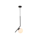 Niori Vetra Opal Glass Small Pendant Light in black, featuring an angled matt black arm and frosted opal globe on a plain white background.