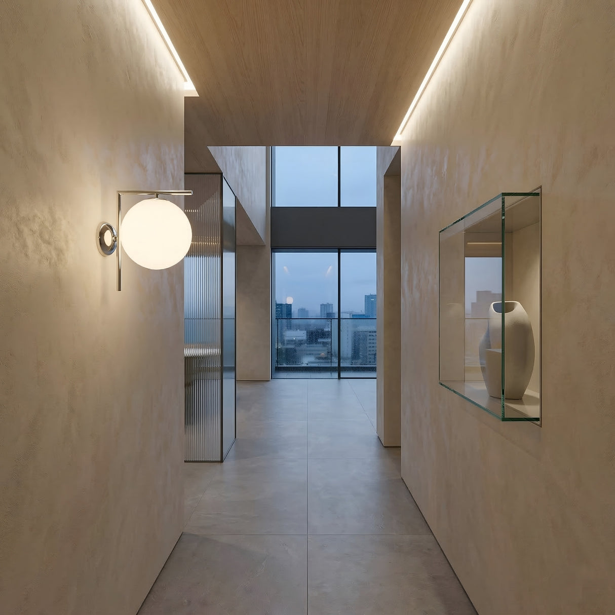 Minimalist hallway with beige walls features the Vetra 1 Light Opal Glass Wall/Semi-Flush Ceiling Light in grey above, a glass shelf with a white vase, and large windows at the end revealing a cloudy cityscape view.