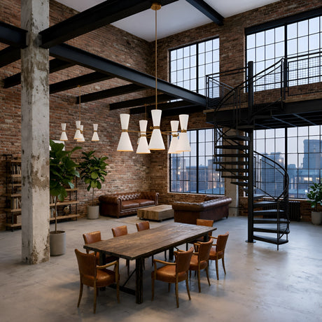 A spacious industrial loft with exposed brick, large windows, leather sofas, a wooden dining table, and modern pendant lights like the striking Ramses 5 Light Chandelier - White. Potted plants accent the space with views of the city skyline outside.