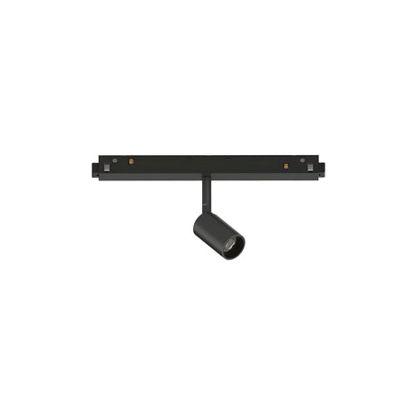 The Luxeon LED Magnetic Track Spotlight 3W 3000K in black boasts a minimalist cylindrical design, offering energy-efficient lighting. This adjustable fixture is seamlessly mounted on a horizontal track, making it ideal for directing light against a plain white background.